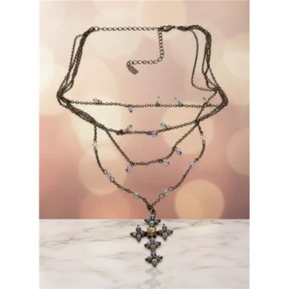 Vintage 1928 Crystal Cross Layered Necklace Pastel Multicolor 3 Strand 19 in